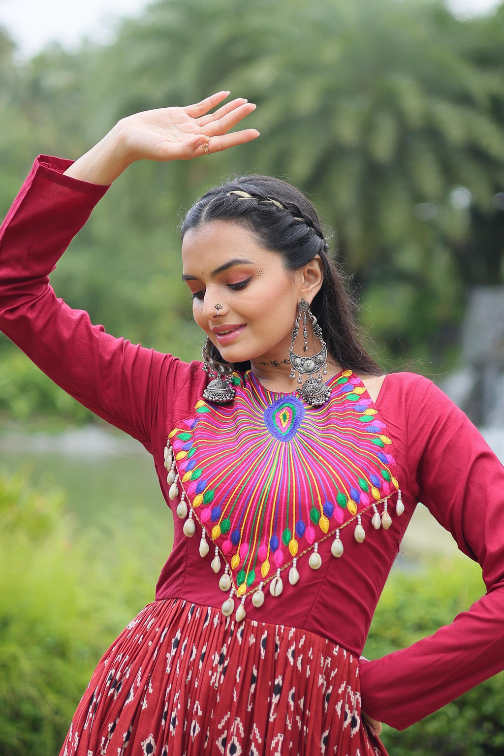 Maroon Cotton Printed Gown with Kutchi Gamthi Work & Kodi Lace – 12 Meter Flair - ETHNICDEAL