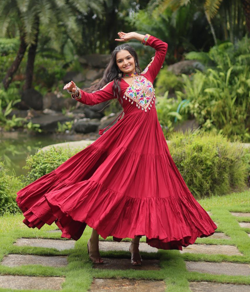 Maroon Rayon Kutchi Gamthi Work Gown – 12 Meter Flair & Fully Stitched - ETHNICDEAL