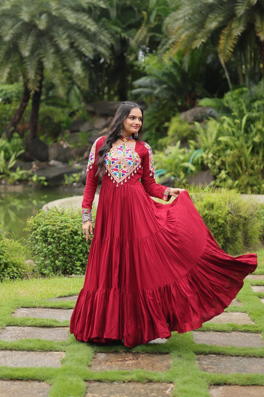Maroon Rayon Kutchi Gamthi Work Gown – 12 Meter Flair & Fully Stitched - ETHNICDEAL