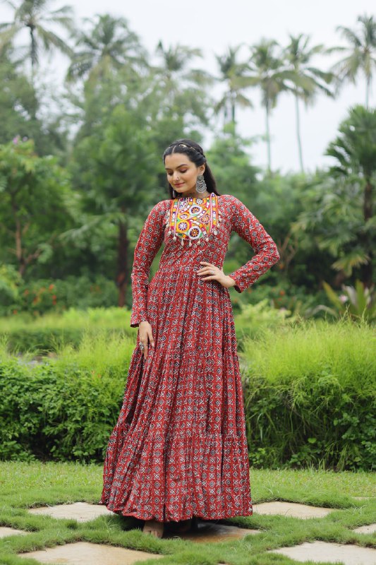 Spectacular Maroon Cotton Navratri Wear Designer Gown - Ethnicwish