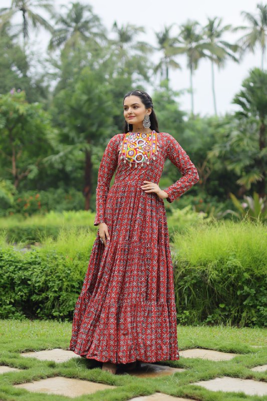 Spectacular Maroon Cotton Navratri Wear Designer Gown - Ethnicwish