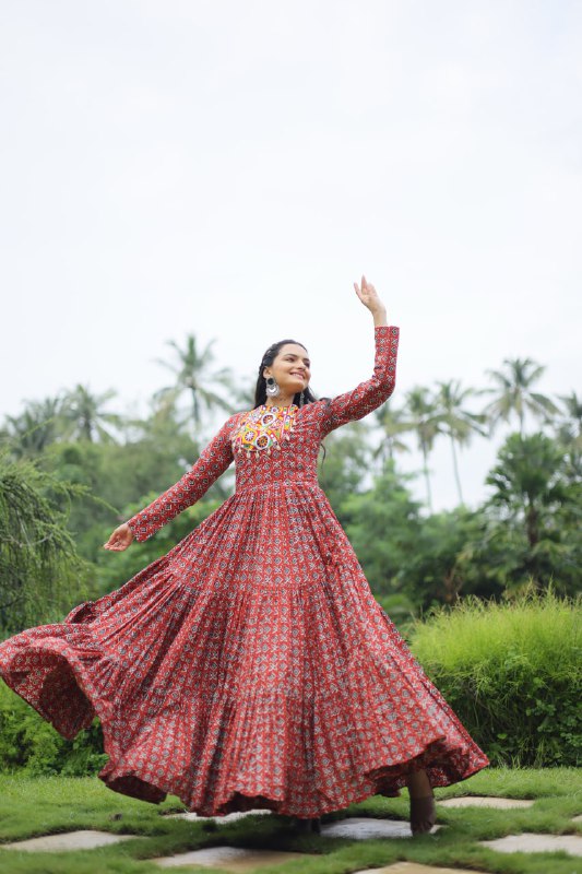 Spectacular Maroon Cotton Navratri Wear Designer Gown - Ethnicwish