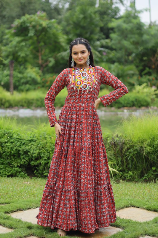Spectacular Maroon Cotton Navratri Wear Designer Gown - Ethnicwish