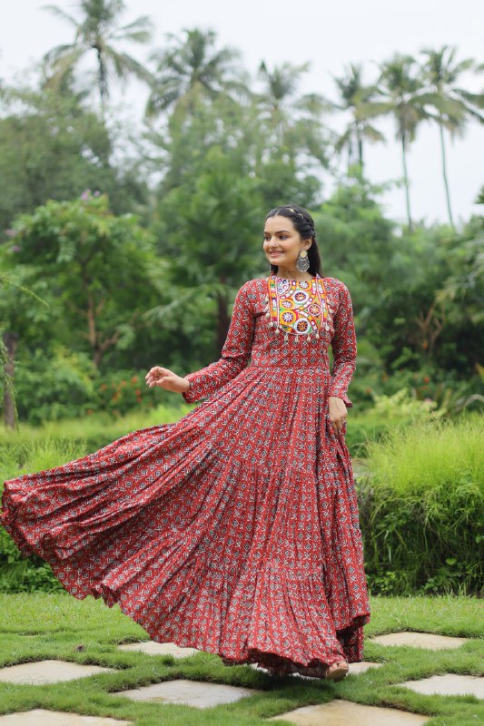 Spectacular Maroon Cotton Navratri Wear Designer Gown - Ethnicwish