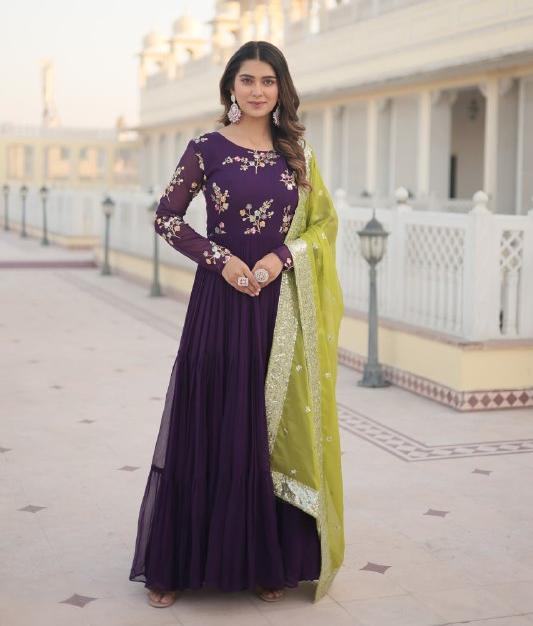 Arresting Purple Faux Georgette Multi Sequins Worked Designer Gown - Ethnicwish