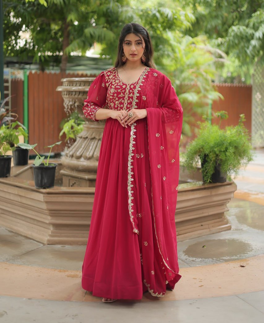 Dashing Pink Faux Georgette Sequins Embroidered Gown With Dupatta - Ethnicwish