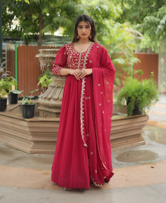 Dashing Pink Faux Georgette Sequins Embroidered Gown With Dupatta - Ethnicwish