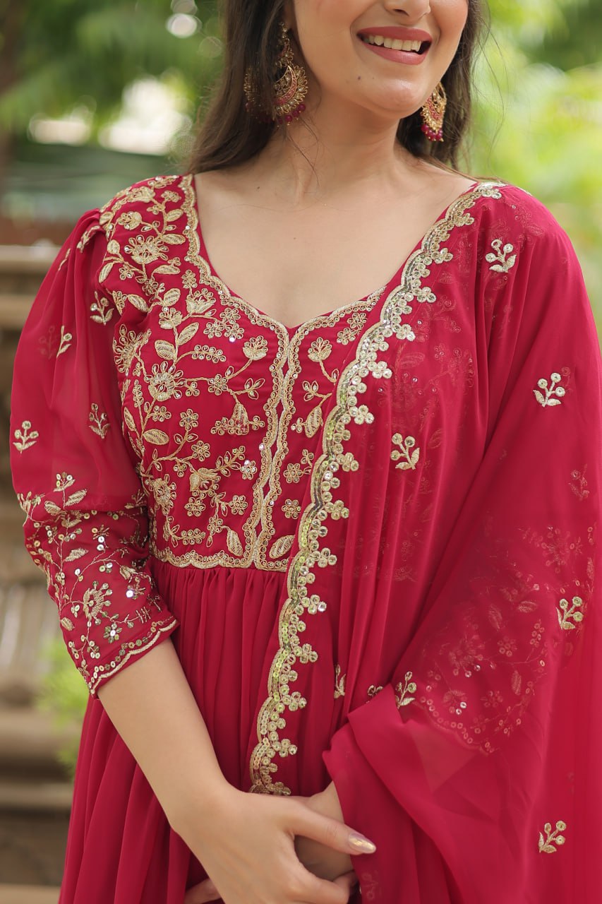 Dashing Pink Faux Georgette Sequins Embroidered Gown With Dupatta - Ethnicwish