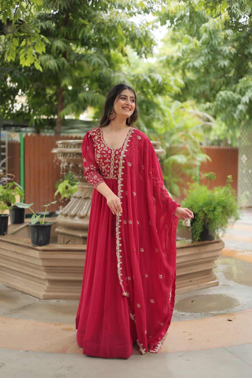 Dashing Pink Faux Georgette Sequins Embroidered Gown With Dupatta - Ethnicwish