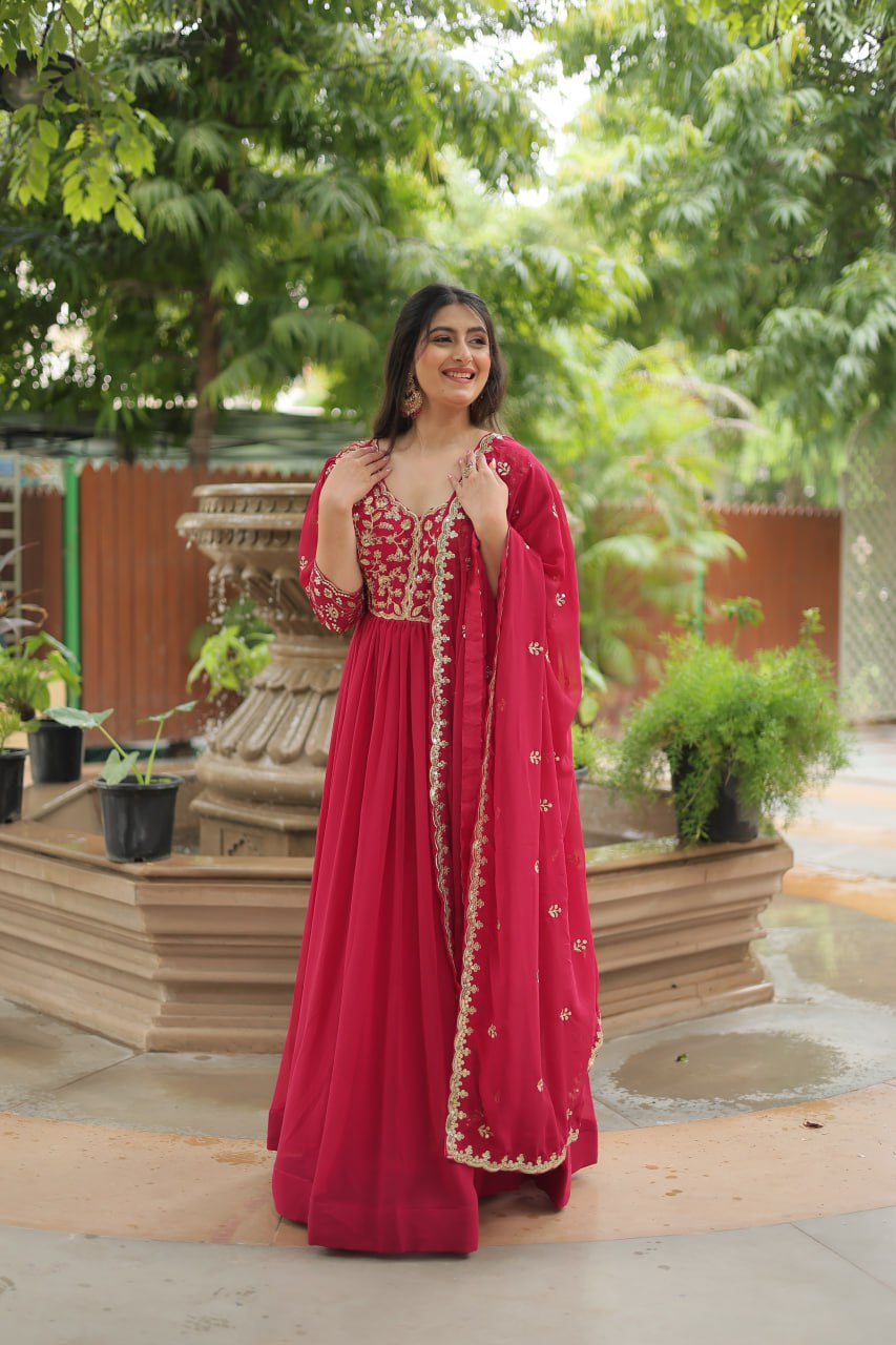 Dashing Pink Faux Georgette Sequins Embroidered Gown With Dupatta - Ethnicwish