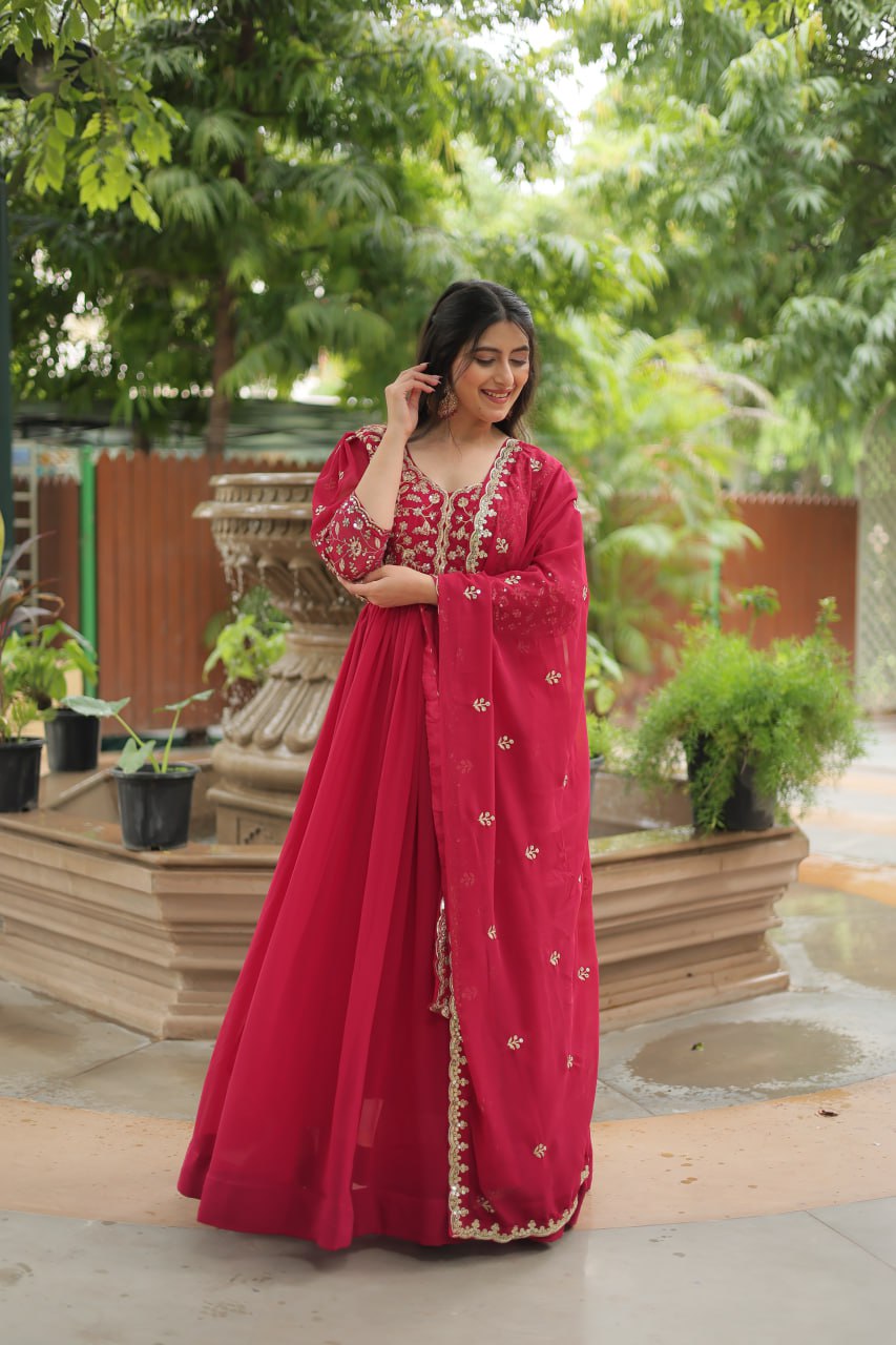 Dashing Pink Faux Georgette Sequins Embroidered Gown With Dupatta - Ethnicwish