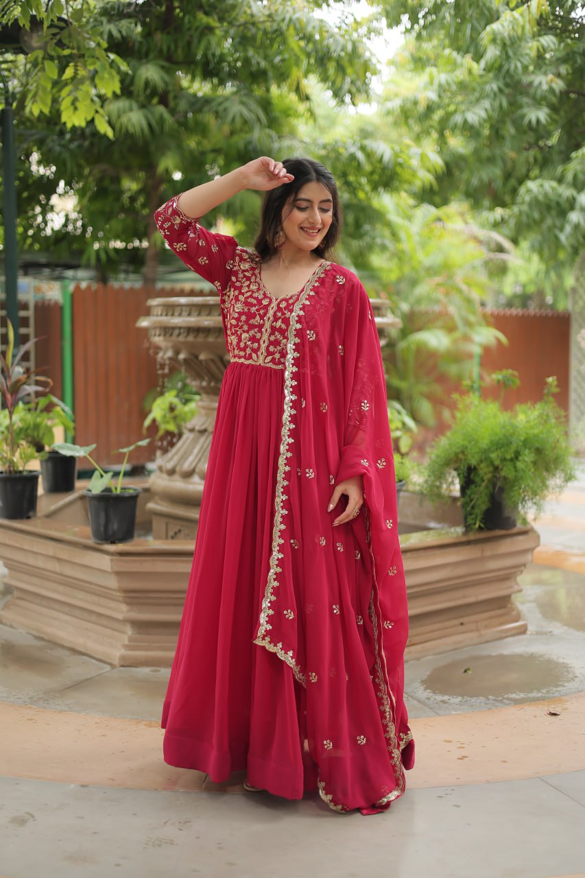 Dashing Pink Faux Georgette Sequins Embroidered Gown With Dupatta - Ethnicwish
