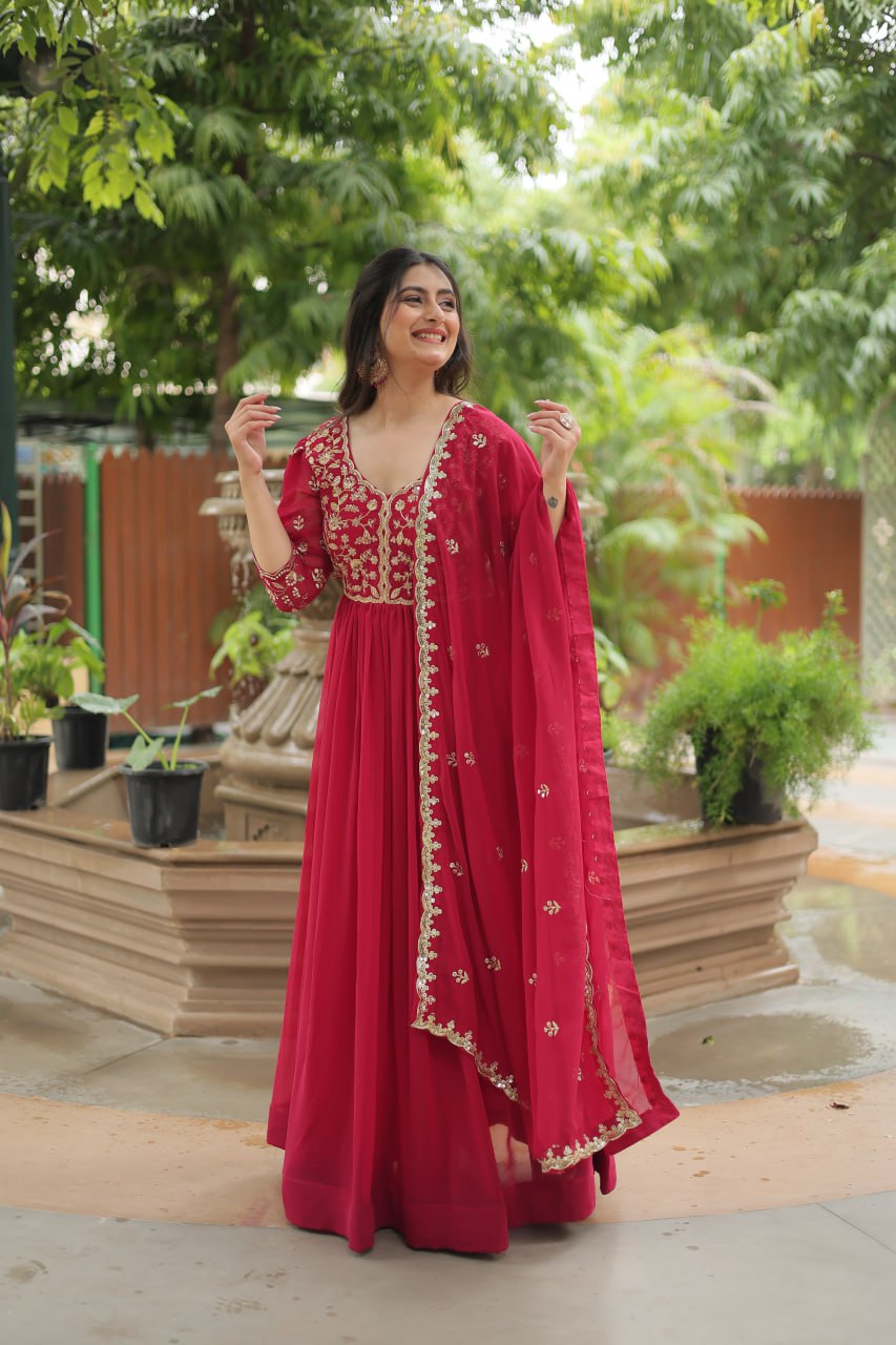Dashing Pink Faux Georgette Sequins Embroidered Gown With Dupatta - Ethnicwish