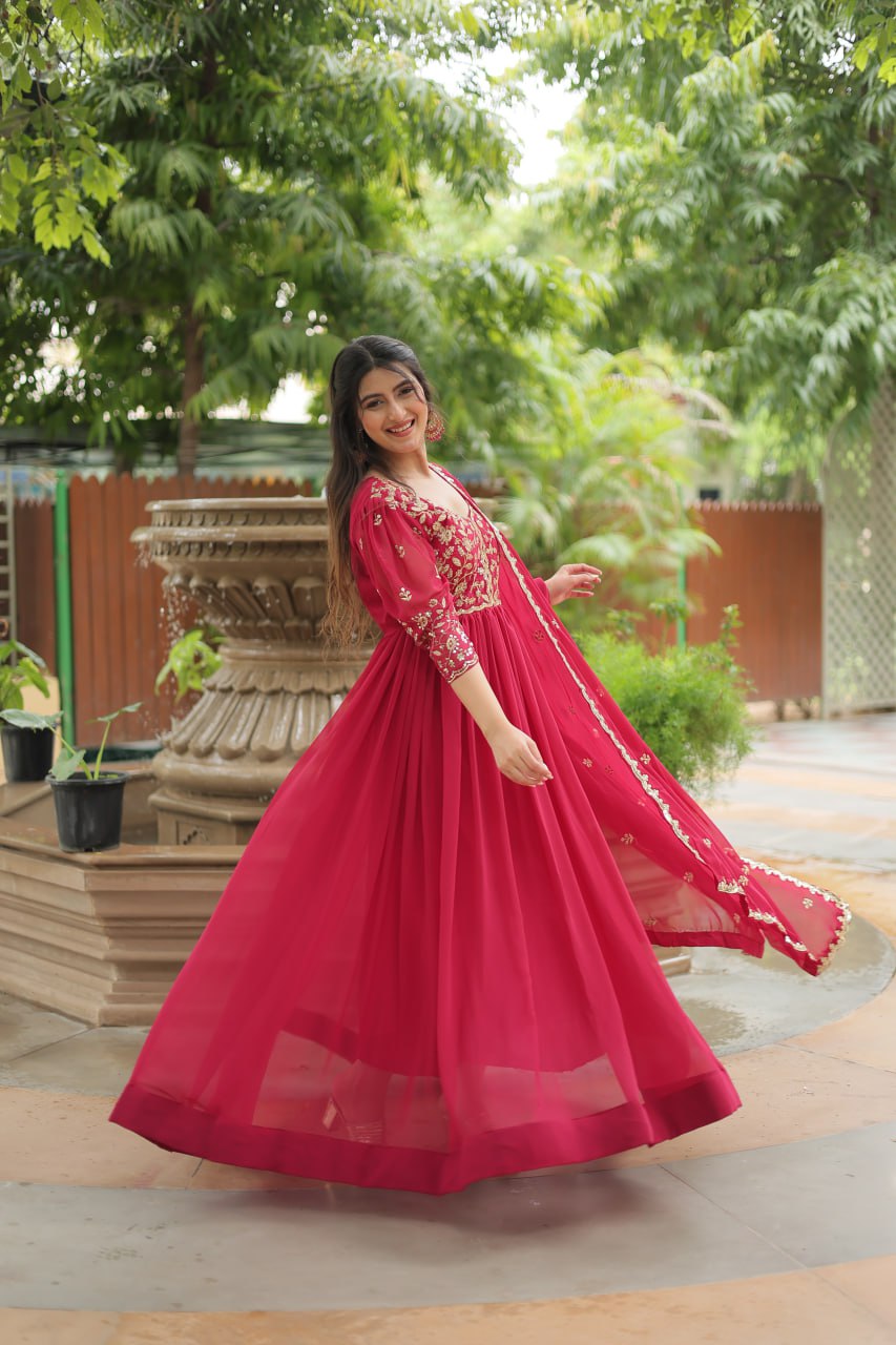 Dashing Pink Faux Georgette Sequins Embroidered Gown With Dupatta - Ethnicwish
