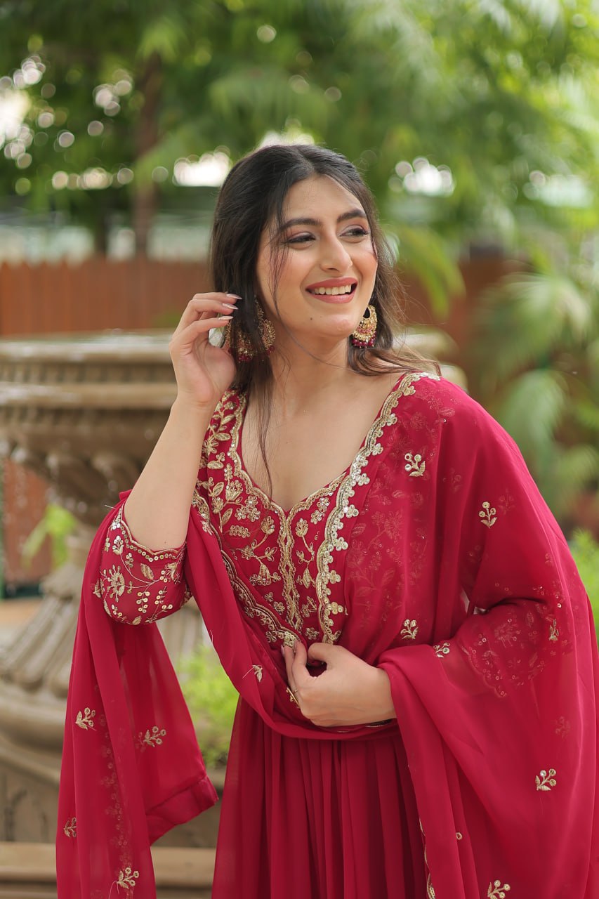 Dashing Pink Faux Georgette Sequins Embroidered Gown With Dupatta - Ethnicwish