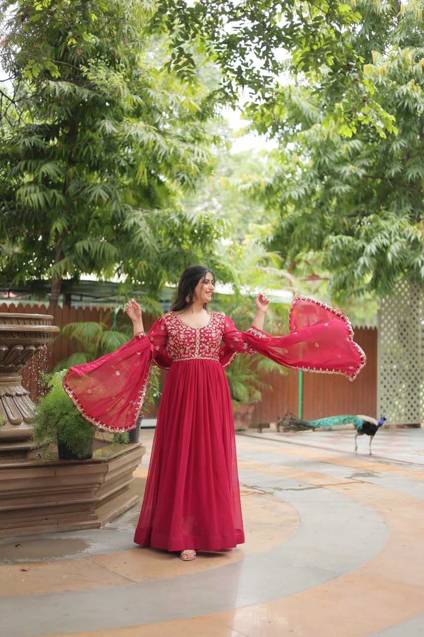 Dashing Pink Faux Georgette Sequins Embroidered Gown With Dupatta - Ethnicwish