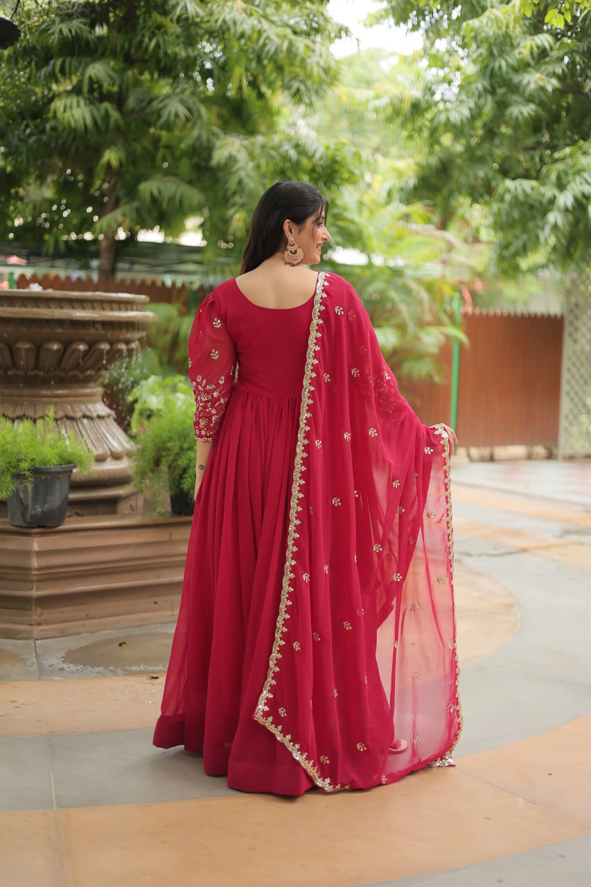 Dashing Pink Faux Georgette Sequins Embroidered Gown With Dupatta - Ethnicwish