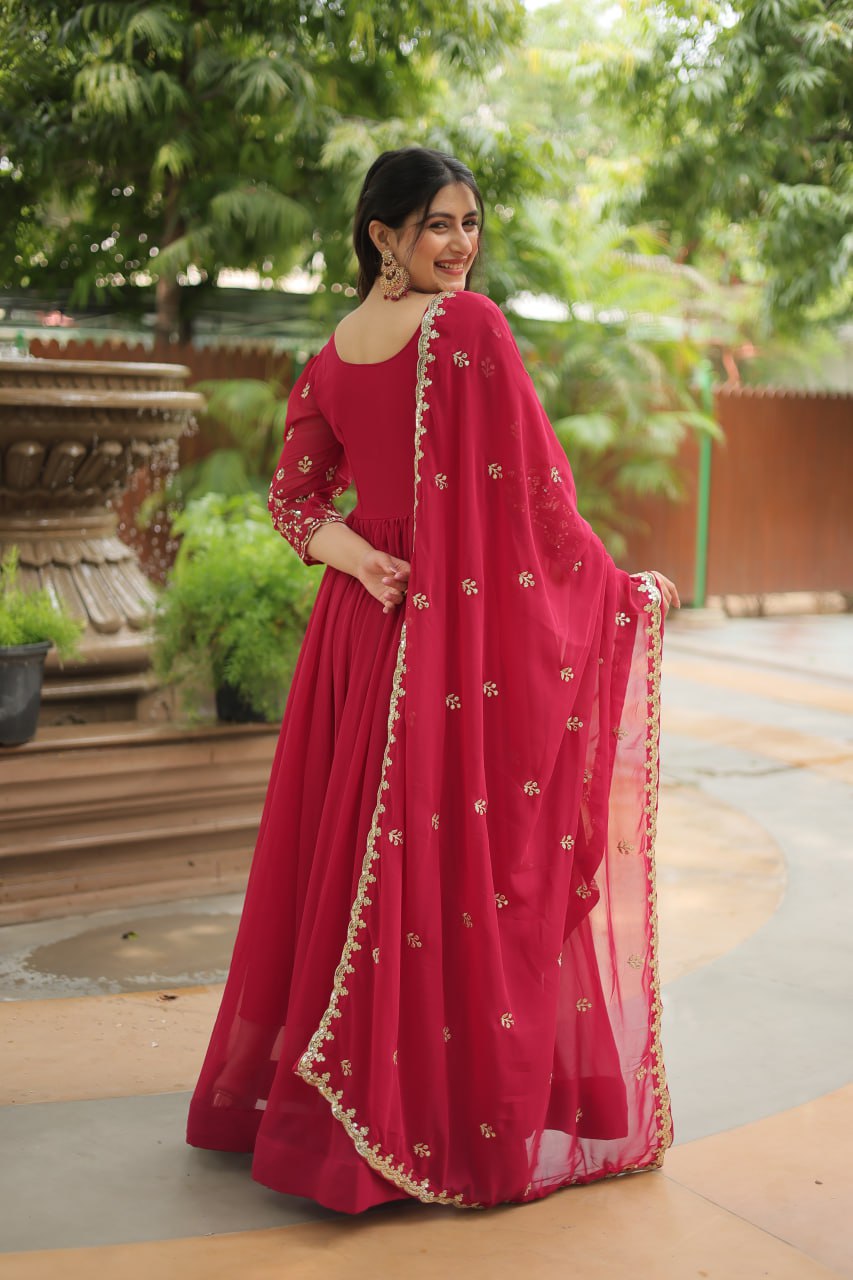 Dashing Pink Faux Georgette Sequins Embroidered Gown With Dupatta - Ethnicwish