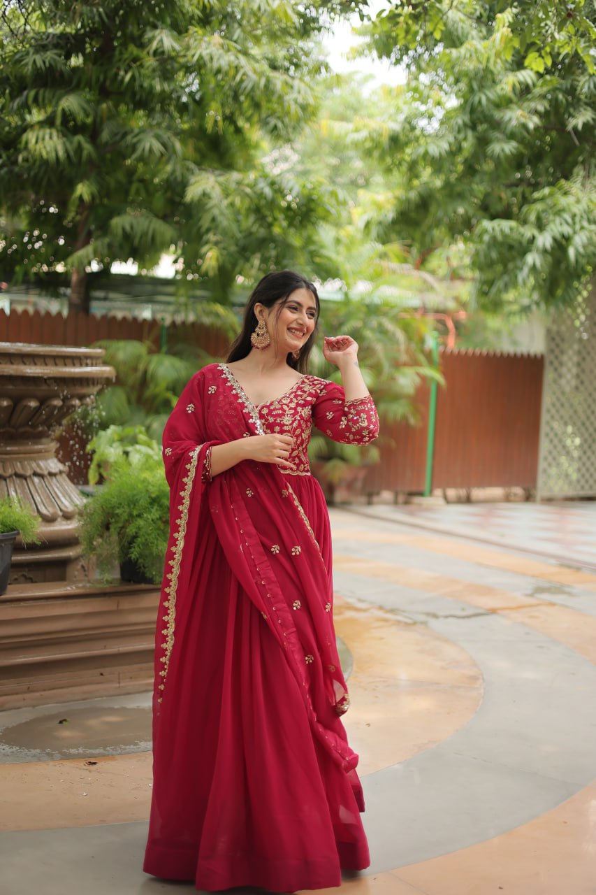 Dashing Pink Faux Georgette Sequins Embroidered Gown With Dupatta - Ethnicwish