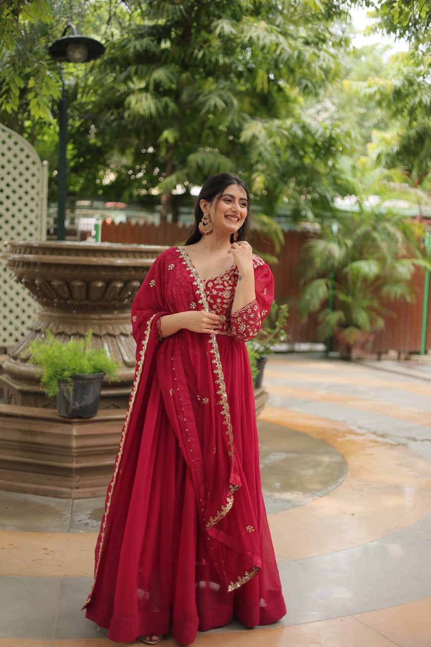 Dashing Pink Faux Georgette Sequins Embroidered Gown With Dupatta - Ethnicwish