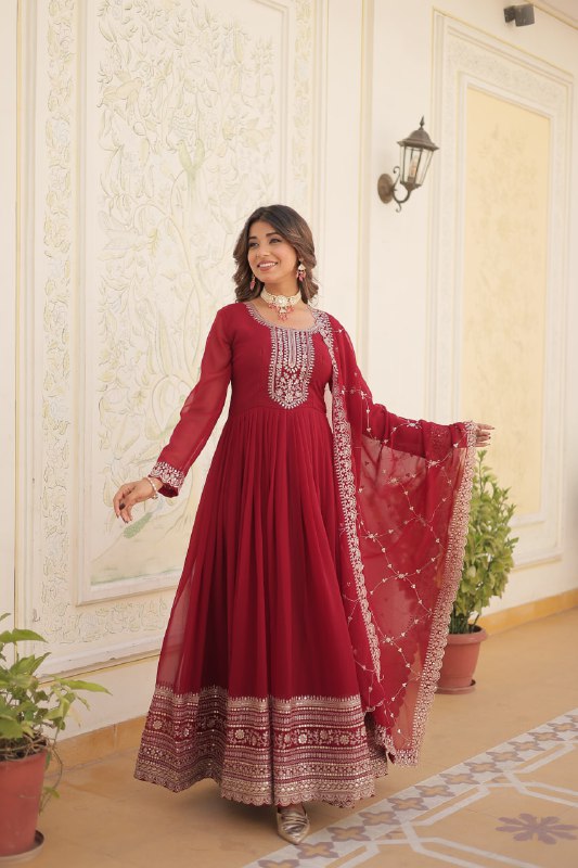 Enchanting Faux Georgette Fully Stitched Designer Gown With Dupatta - Ethnicwish