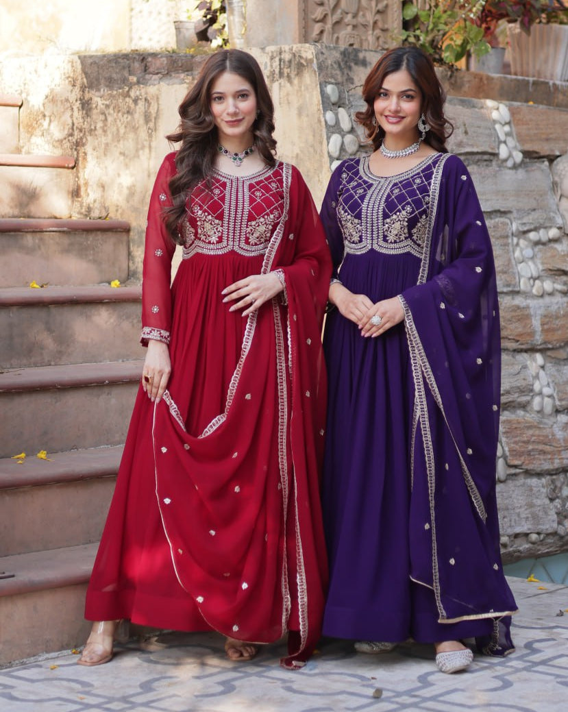 Faux Blooming Gown with Multi-Sequins & Beads Embroidery With Dupatta - ETHNICDEAL