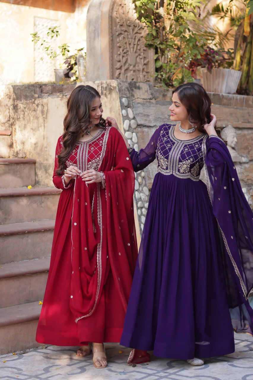 Faux Blooming Gown with Multi-Sequins & Beads Embroidery With Dupatta - ETHNICDEAL