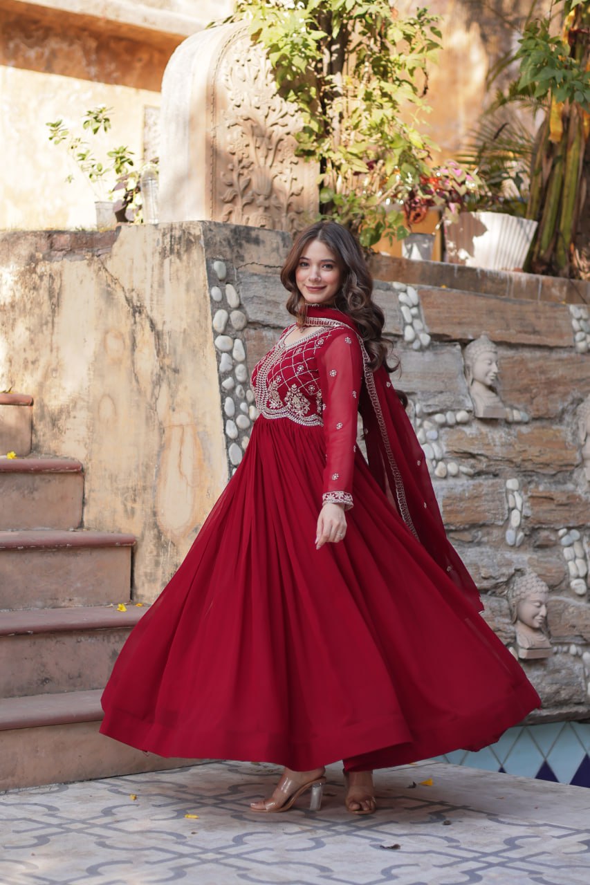 Faux Blooming Gown with Multi-Sequins & Beads Embroidery With Dupatta - ETHNICDEAL