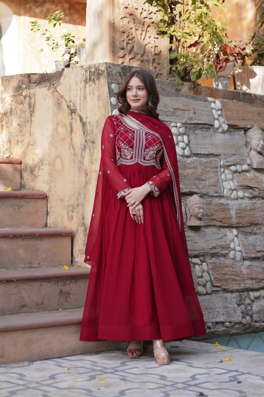 Faux Blooming Gown with Multi-Sequins & Beads Embroidery With Dupatta - ETHNICDEAL