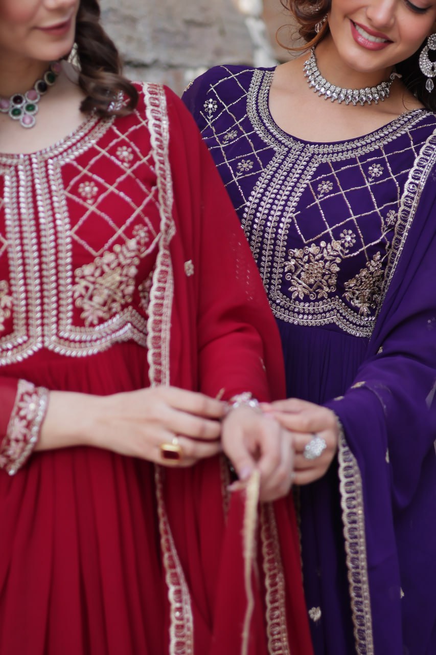 Faux Blooming Gown with Multi-Sequins & Beads Embroidery With Dupatta - ETHNICDEAL