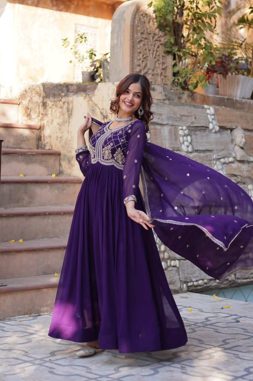 Faux Blooming Gown with Multi-Sequins & Beads Embroidery With Dupatta - ETHNICDEAL