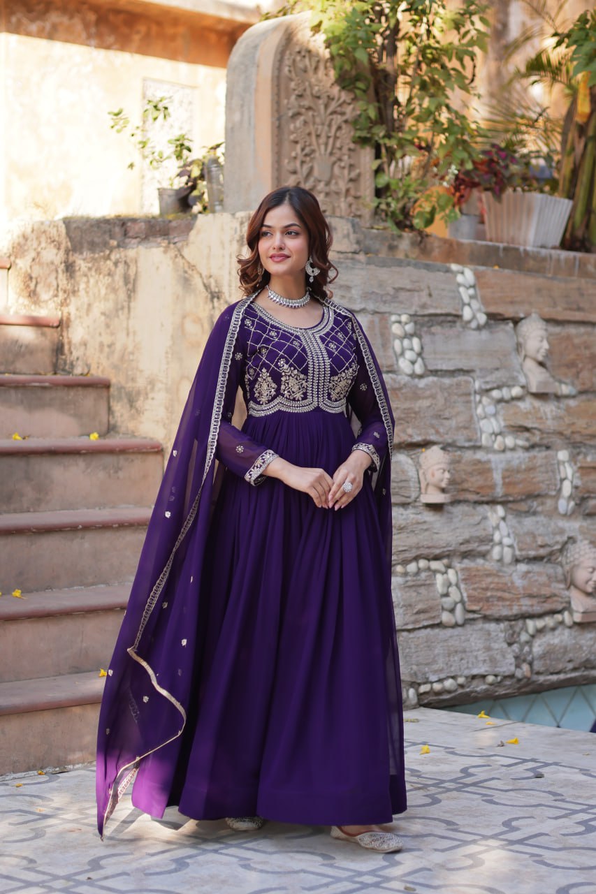 Faux Blooming Gown with Multi-Sequins & Beads Embroidery With Dupatta - ETHNICDEAL