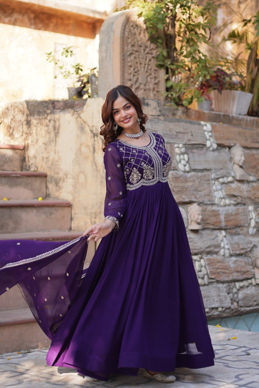 Faux Blooming Gown with Multi-Sequins & Beads Embroidery With Dupatta - ETHNICDEAL