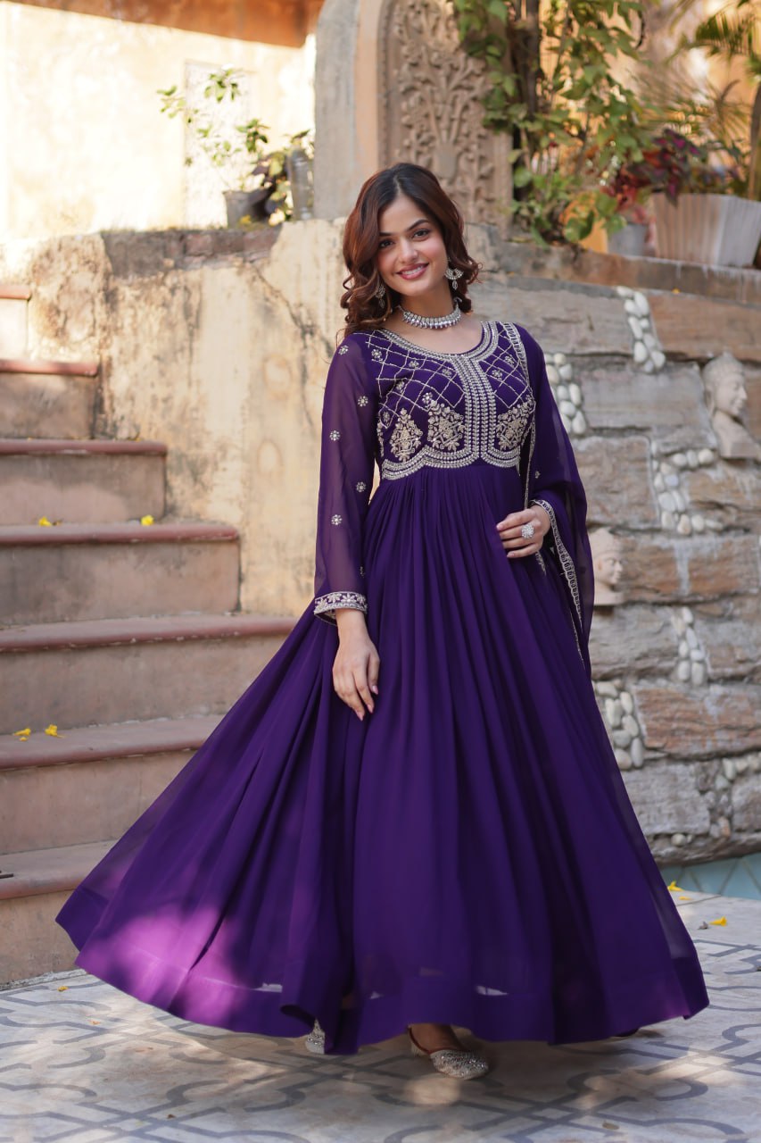 Faux Blooming Gown with Multi-Sequins & Beads Embroidery With Dupatta - ETHNICDEAL