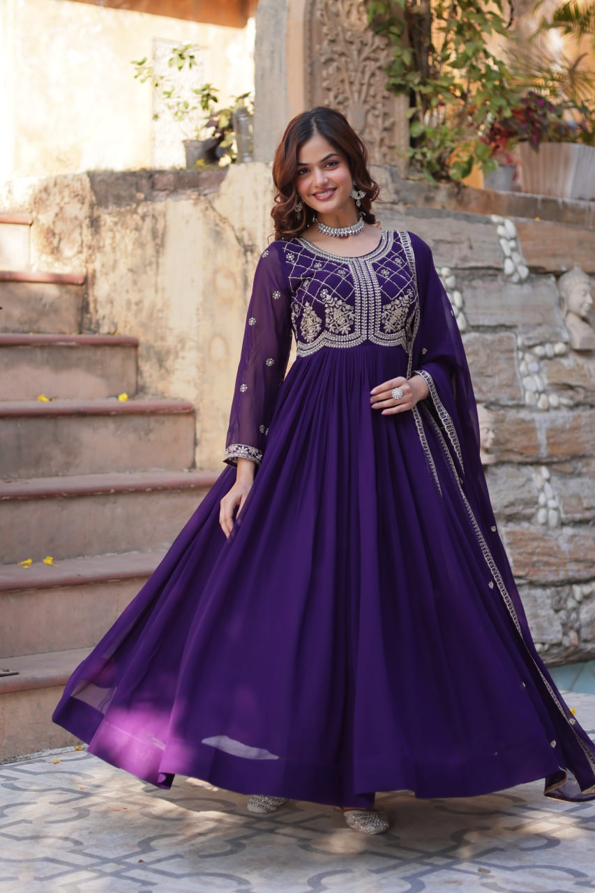 Faux Blooming Gown with Multi-Sequins & Beads Embroidery With Dupatta - ETHNICDEAL