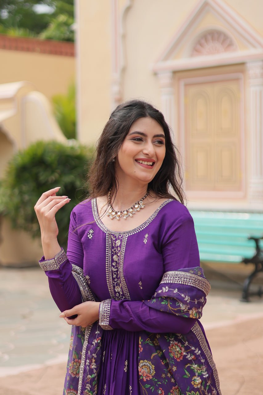 Stylish Chinon Rich Sequins Embroidered Fully Stitched Gown - Ethnicwish