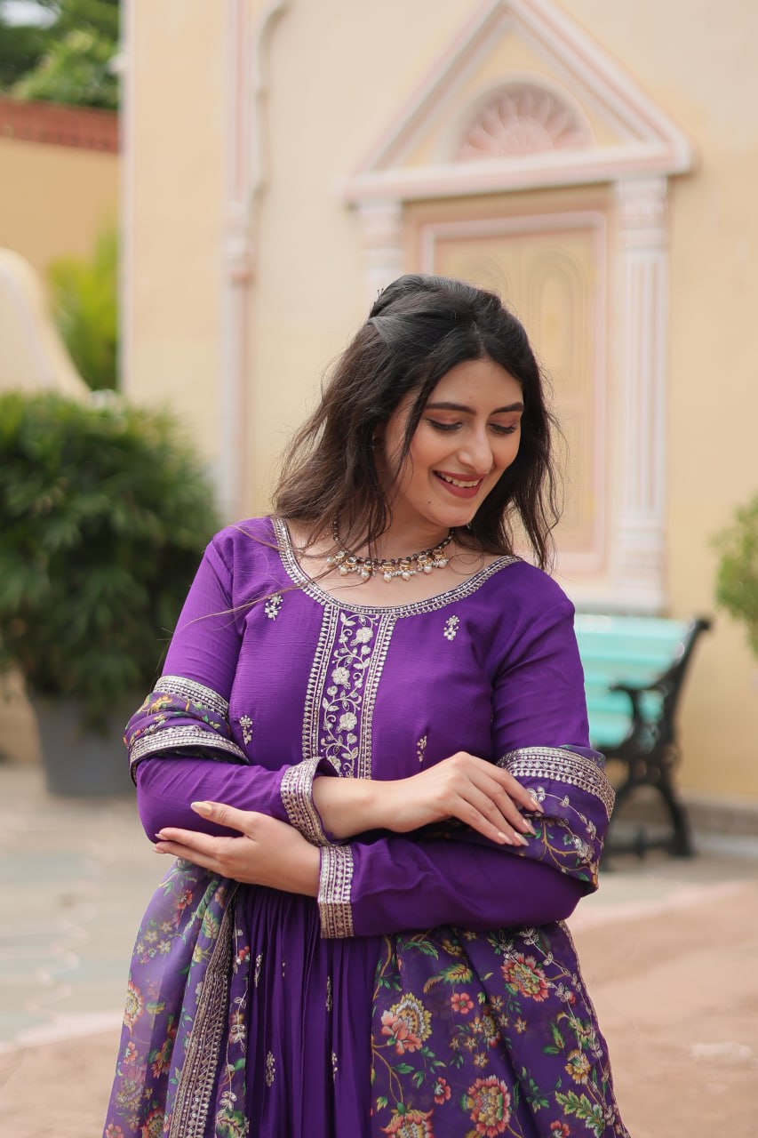 Stylish Chinon Rich Sequins Embroidered Fully Stitched Gown - Ethnicwish