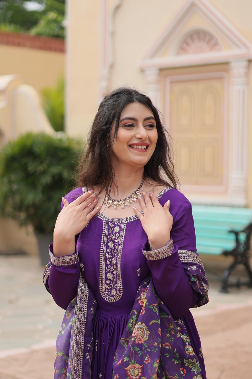 Stylish Chinon Rich Sequins Embroidered Fully Stitched Gown - Ethnicwish