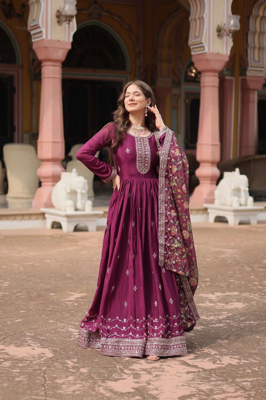 Stylish Chinon Rich Sequins Embroidered Fully Stitched Gown - Ethnicwish