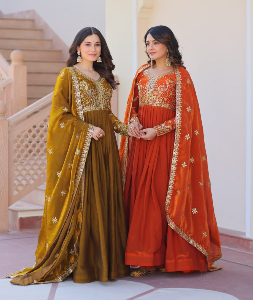 Exquisite Fendy Silk Zari Sequins Worked Gown With Dupatta - ETHNICDEAL