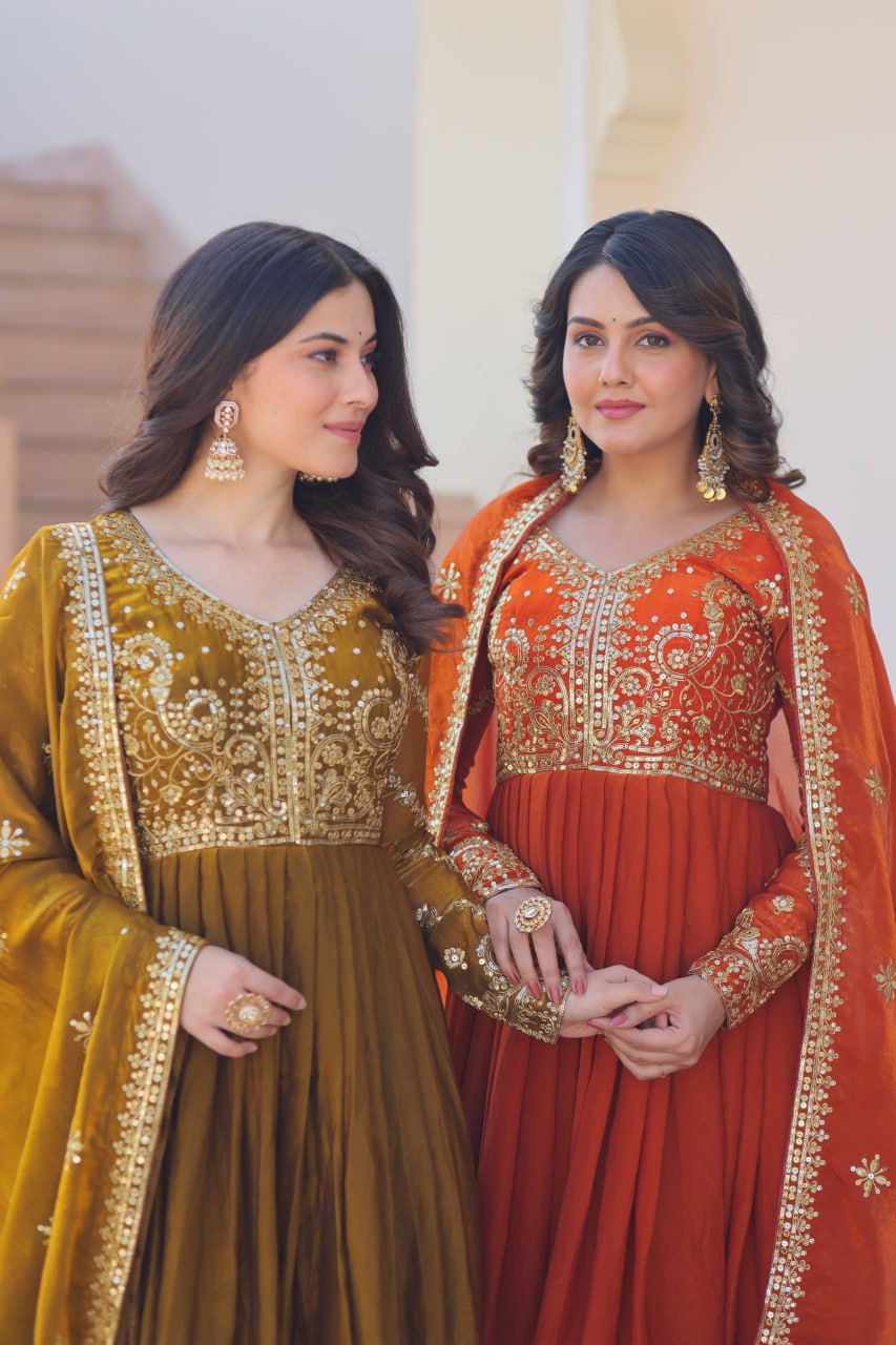 Exquisite Fendy Silk Zari Sequins Worked Gown With Dupatta - ETHNICDEAL