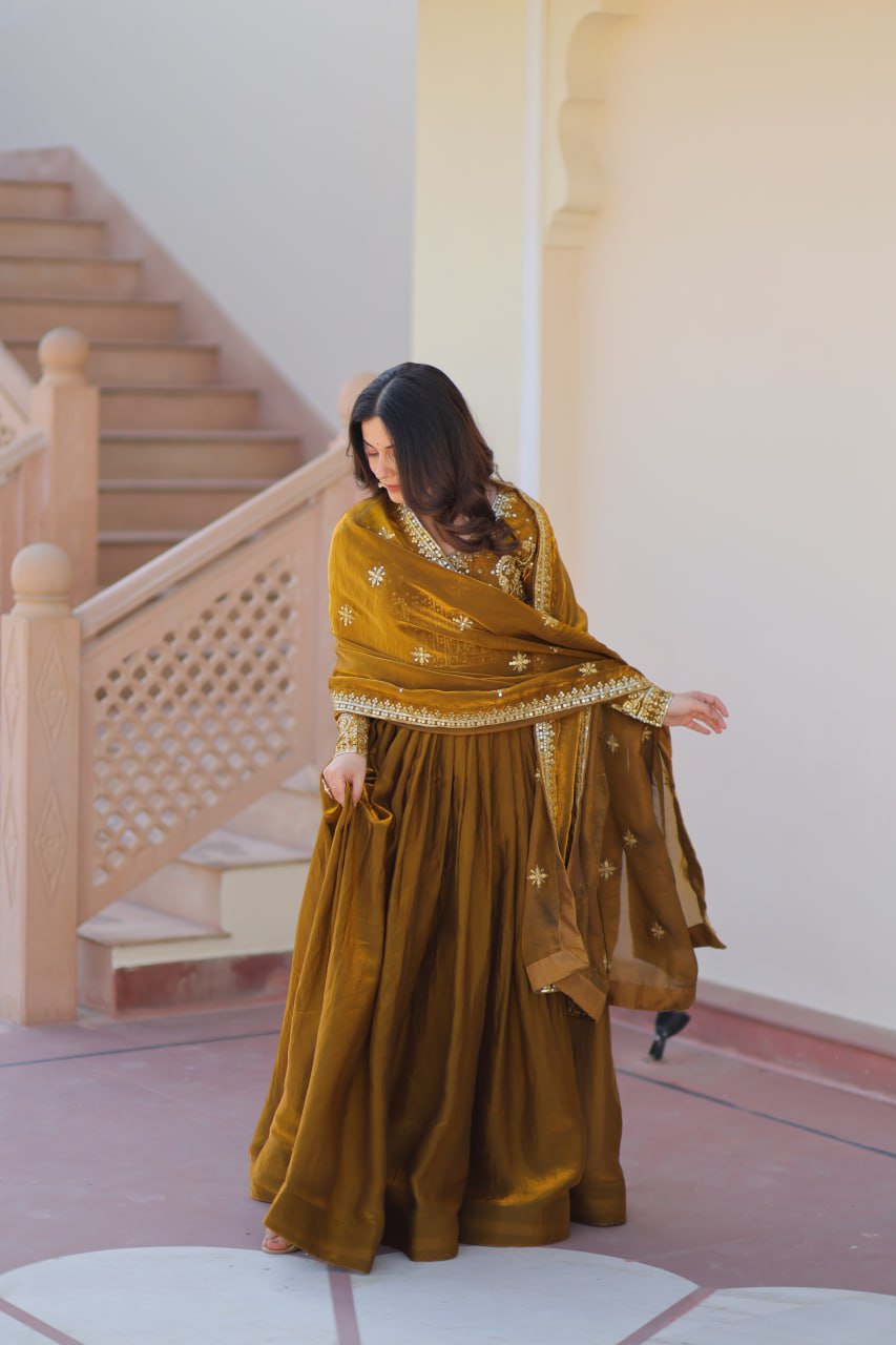 Exquisite Fendy Silk Zari Sequins Worked Gown With Dupatta - ETHNICDEAL