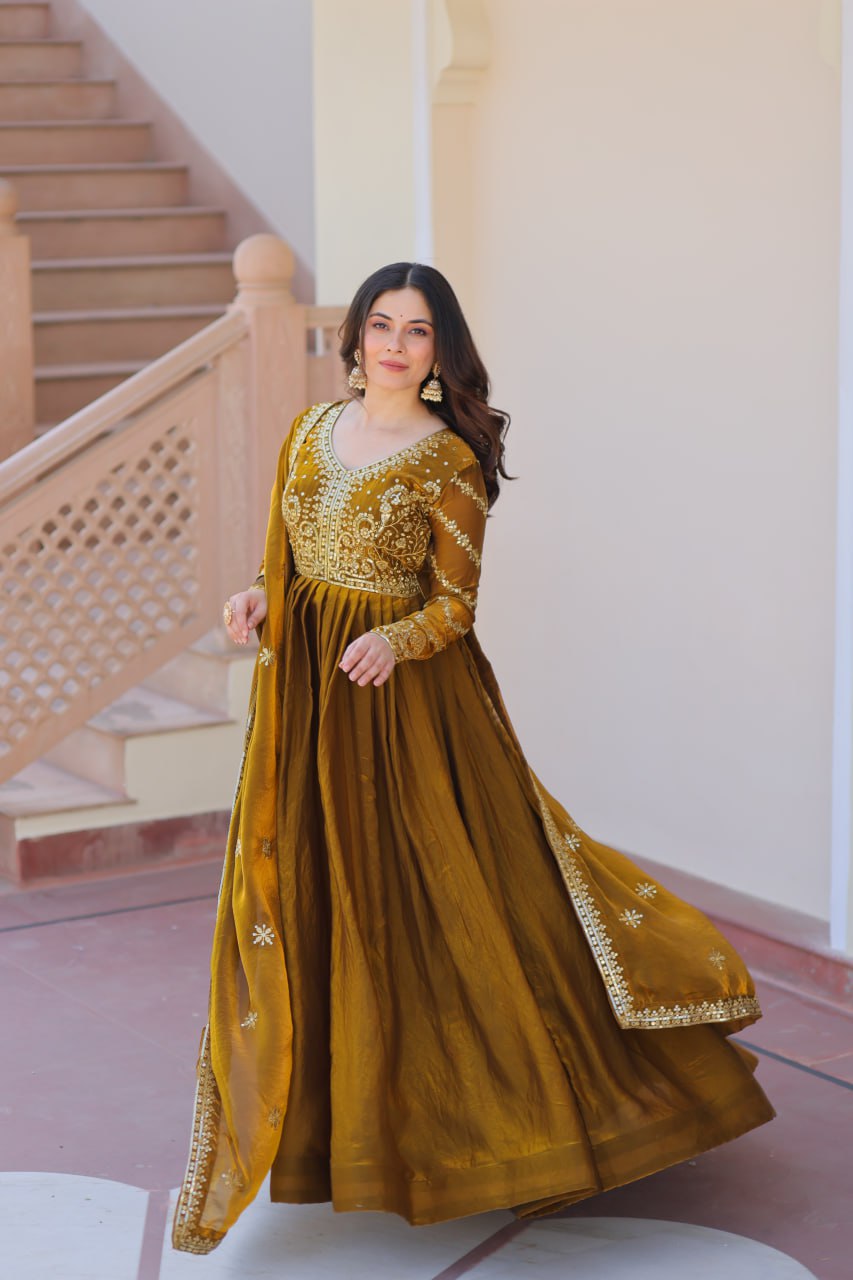 Exquisite Fendy Silk Zari Sequins Worked Gown With Dupatta - ETHNICDEAL