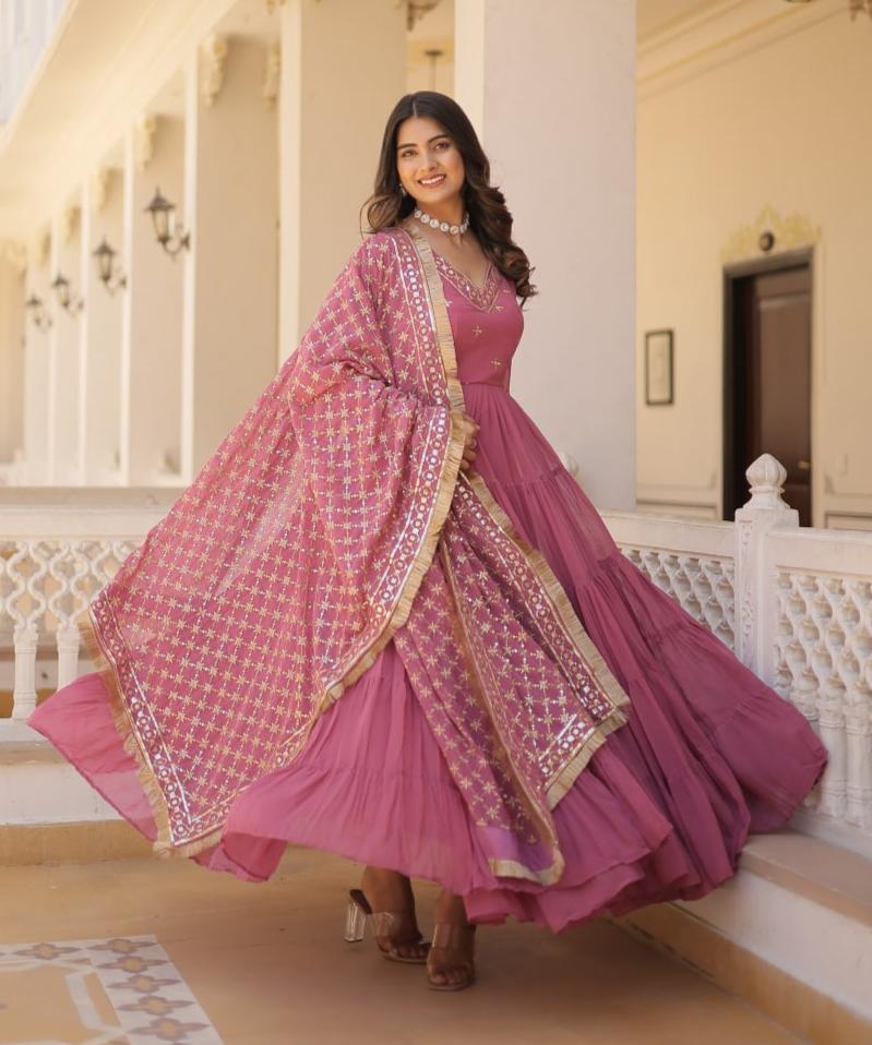 Gorgeous Faux Georgette Sequins Embroidered Gown With Dupatta - Ethnicwish