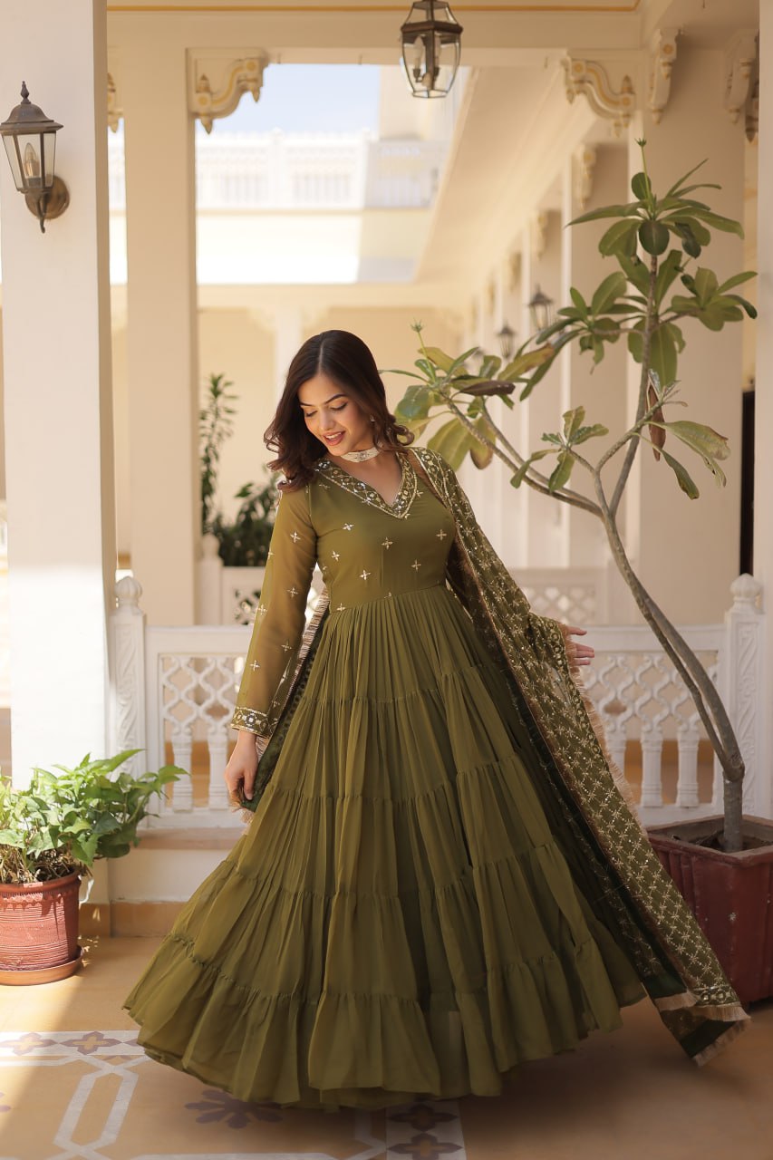 Gorgeous Faux Georgette Sequins Embroidered Gown With Dupatta - Ethnicwish