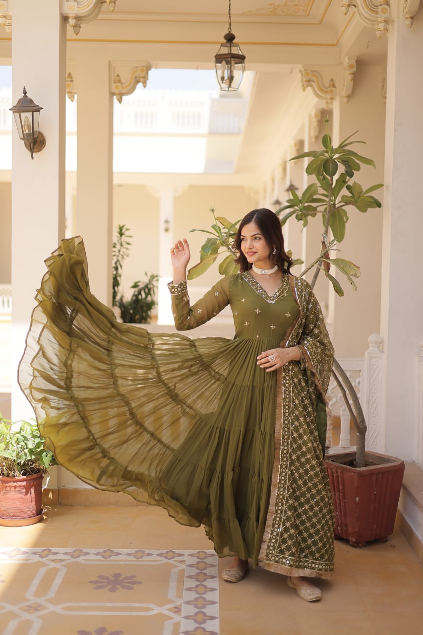 Gorgeous Faux Georgette Sequins Embroidered Gown With Dupatta - Ethnicwish