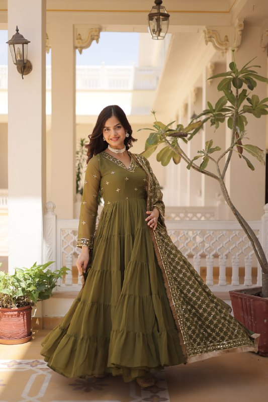 Gorgeous Faux Georgette Sequins Embroidered Gown With Dupatta - Ethnicwish