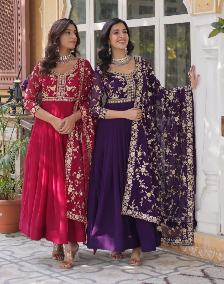 Faux Blooming Sequins & Zari Embroidered Gown With Dupatta - ETHNICDEAL