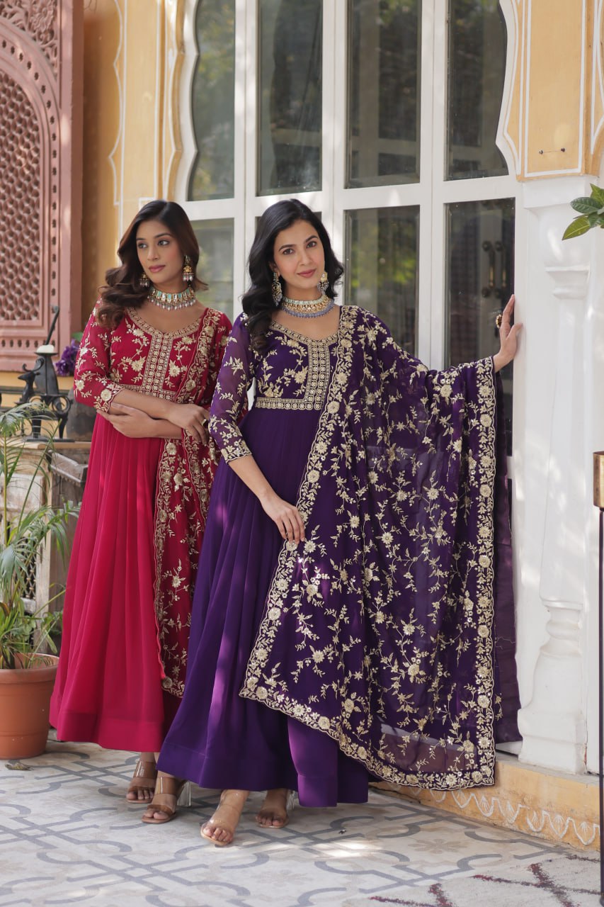 Faux Blooming Sequins & Zari Embroidered Gown With Dupatta - ETHNICDEAL