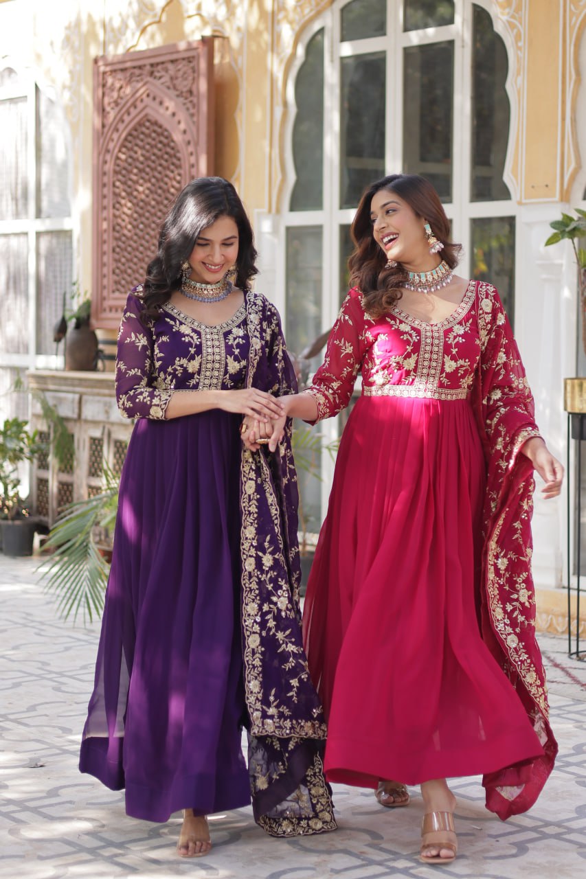 Faux Blooming Sequins & Zari Embroidered Gown With Dupatta - ETHNICDEAL